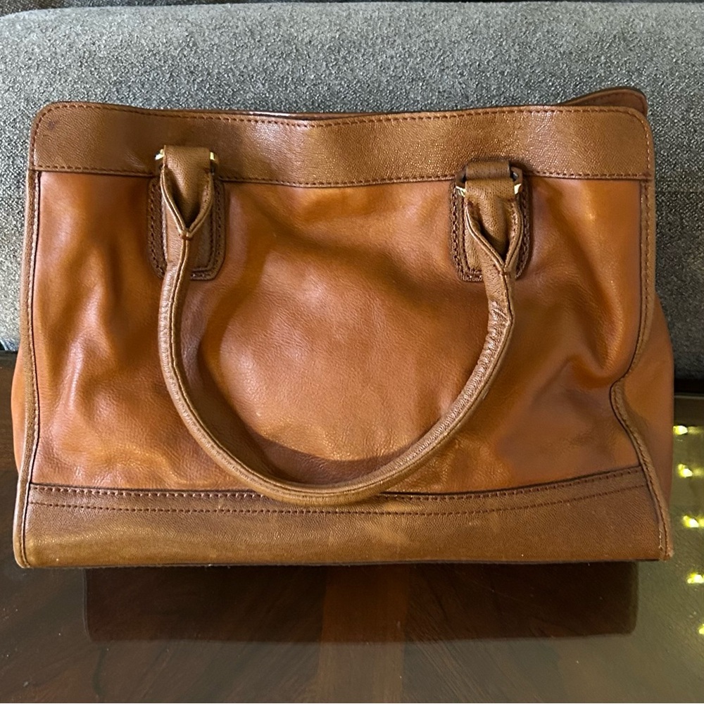 Cole Haan | Vintage Valise Kendra E/W Tote Brown Leather Vibrant Orange Lining - Picture 15 of 16